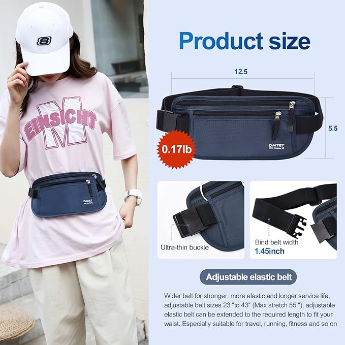 RFID Blocking Money Belt for Men Women, Slim Fanny Pack for Travel，Running,Conceal Waist Wallet for Passport Holder,Phone,Cash(Black Dark Blue)