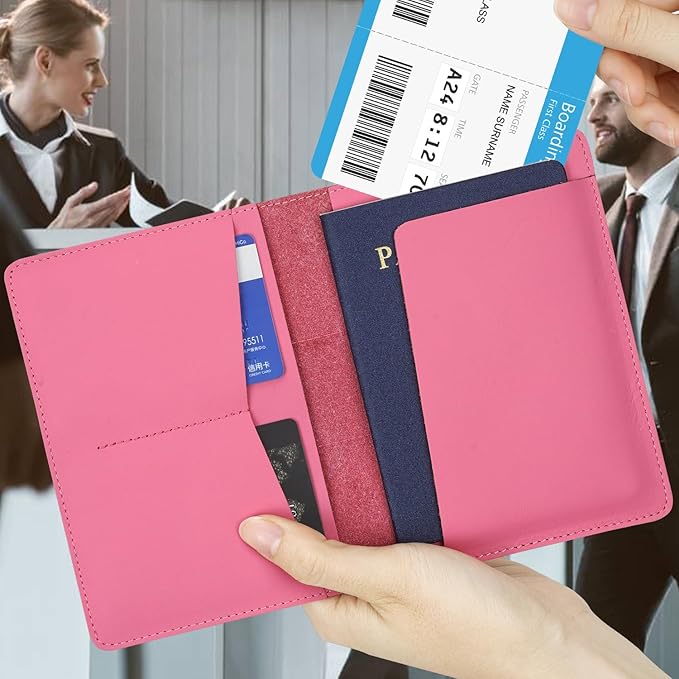 Genuine Leather Passport Holder for Travel Passport Covers with AirTag Slot Passport Wallets for Men Women Family Travel Christmas Gifts, Mens Womens Passport Holder, Pink
