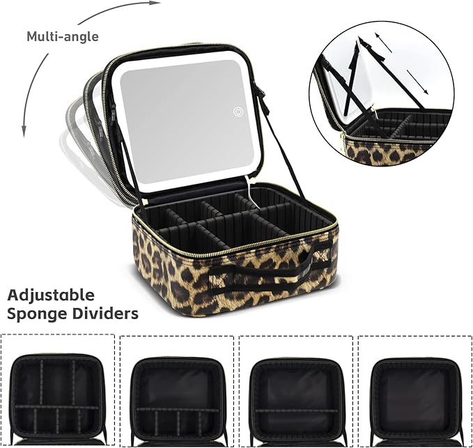 Makeup Bag with Light up Mirror, Travel Makeup Case with Mirror and Lights, Lighted Cosmetic Train Case with 3 Color Settings, Make up Organizer Bag with Adjustable Dividers Brush Board