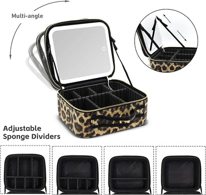 Makeup Bag with Light up Mirror, Travel Makeup Case with Mirror and Lights, Lighted Cosmetic Train Case with 3 Color Settings, Make up Organizer Bag with Adjustable Dividers Brush Board