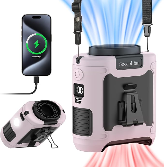Socool 10000mAh Portable Waist Fan Clip on Wearable Belt Personal Fan Rechargeable Battery operated With 5 Speeds & Flashlight Neck Hands-Free 40H Cooling For Outdoor Camping Travel (Pink）