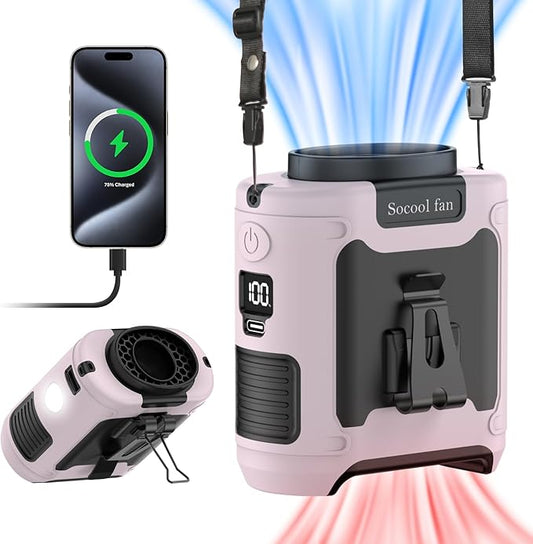Socool 10000mAh Portable Waist Fan Clip on Wearable Belt Personal Fan Rechargeable Battery operated With 5 Speeds & Flashlight Neck Hands-Free 40H Cooling For Outdoor Camping Travel (Pink）