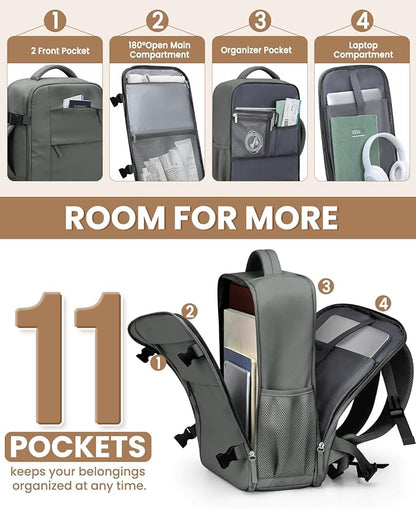 Travel Backpack for Women Man, Waterproof Personal Item Travel Bag Airline Approved Laptop Backpack Bookbag Weekender bags for Business,Travel, Work Fits 15.6 inch Laptop(Medium,Green)