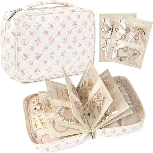 CEELGON Travel Jewelry Case Organizer and Storage Quilted Jewelry Pouch Box for Traveling Ring Necklace Earring Holder with Velvet Jewelry Binder Mini Portable Jewelry Bag (Pink Bow)