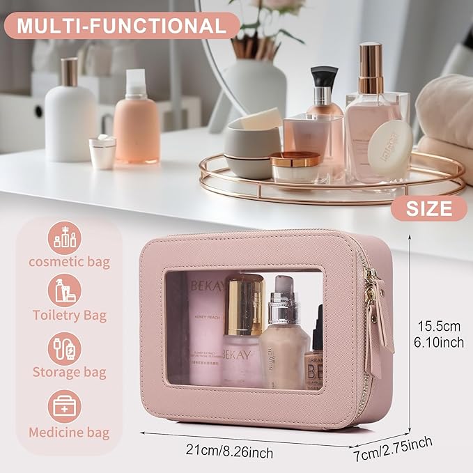 Pinkmik Clear Makeup Bag for Women Waterproof Travel Cosmetics and Toiletries Case Portable Makeup Oaganizer Bag Clear Car Bag with Zipper (Pink, M)