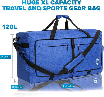Bago Large Foldable Duffel Bags for Traveling Women & Men - 120L Packable Duffle Bag for Travel with Shoe Compartment - Water Repellant, Heavy Duty, Lightweight Folding & Collapsible (SnowDepBlue)