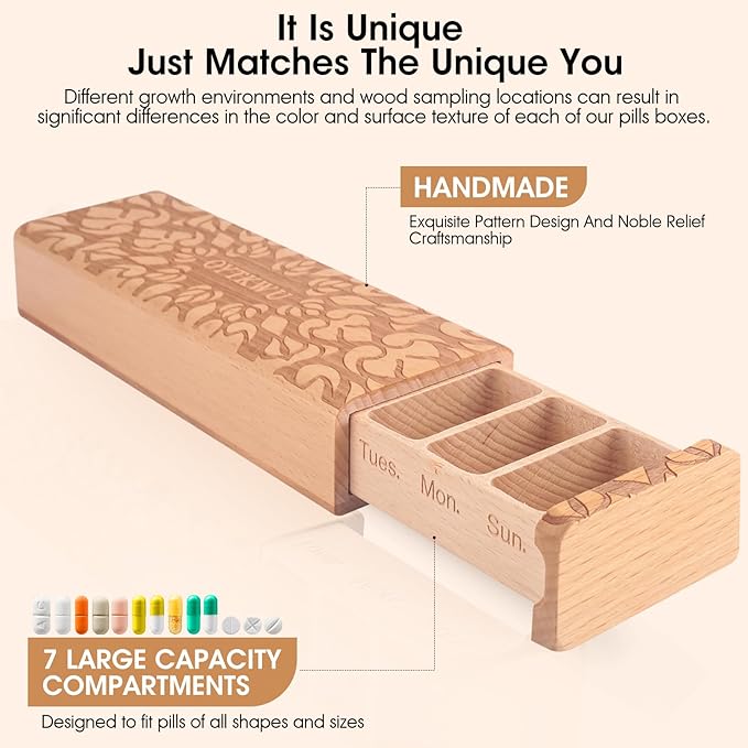 Wooden Weekly Pill Organizer 1 time a Day -Daily Pill Box, Travel-Friendly, Safe Travel 7 Day Pill Organizer, Perfect for Tracking Weekly Medication Pill Case (Beech)