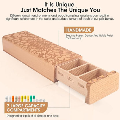 Wooden Weekly Pill Organizer 1 time a Day -Daily Pill Box, Travel-Friendly, Safe Travel 7 Day Pill Organizer, Perfect for Tracking Weekly Medication Pill Case (Beech)