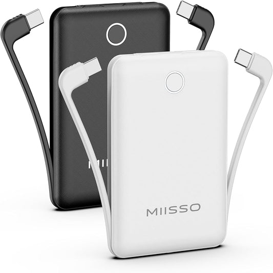 10000mAh Compatible with iPhone 15/16/17 and Android, Slim Portable Charger with Built in Cable, Power Bank Travel Charger External Battery Pack for Phone, 3 Output USB Type C, 2 Pack Black & White