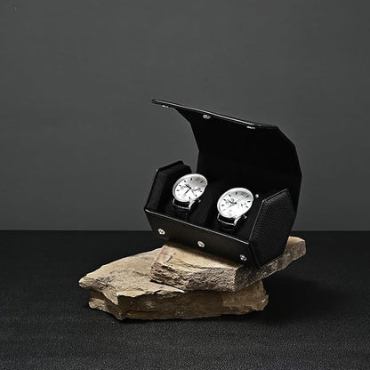 Oirlv Luxury Hexagonal Leather Watch Travel Case Watch Organizer Case for Men Portable Jewelry Storage Roll Organizer(2-Slot,Black)