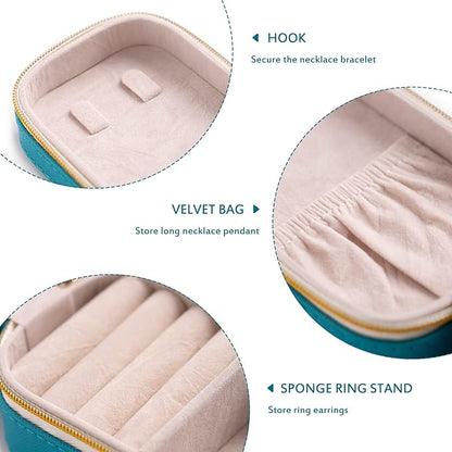 BONNY DODO Small Travel Jewelry Organizers Box for women with PU Leather Portable Mini Jewelry Case with compartments for Necklace Rings Earrings,Luxury Giftable boxes. (Blue green, S)