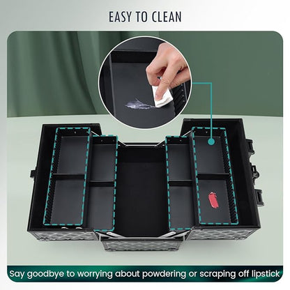 FRENESSA Makeup Case Makeup Box Cosmetic Train Cases Portable Make Up Artist Travel Case Storage Box 4 Trays with Dividers Lockable Hard Makeup Box Craft Nail Kits Case Drak Green