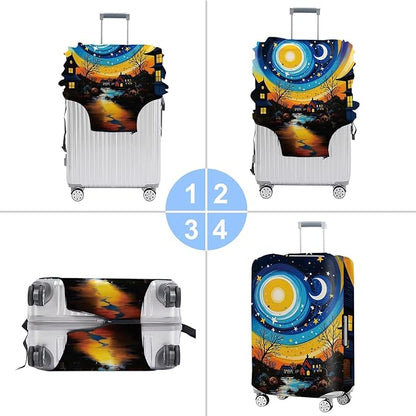 Starry Night Luggage Cover – Artistic Travel Suitcase Protector with Moon and Village Landscape Design, Elastic Washable Luggage Cover for 28''–30'' Suitcase,L
