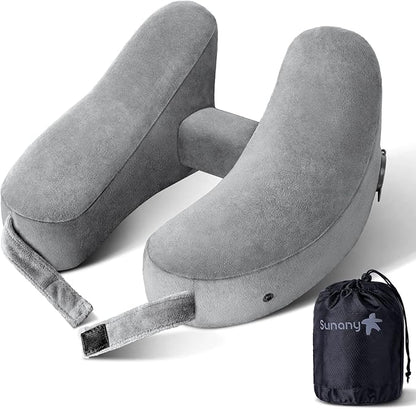 Sunany Neck Pillow for Travel Inflatable Airplane Pillow Comfortably Supports Head, Neck and Chin, Inflatable Travel Pillow with Soft Velour Cover and Portable Drawstring Bag (Grey)