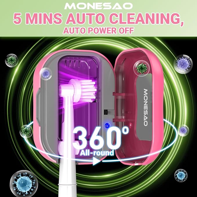 MONESAO Toothbrush Sanitizer Covers, Toothbrush Case with Violet Light - Rechargeable Cleaner Case - Auto Home Travel Tooth Brush Cap Box for Any Electric and Manual Toothbrushes (Pink)