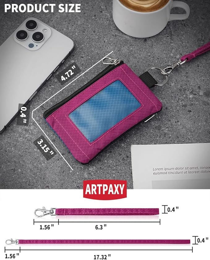 Minimalist Wallet For Mens Womens, Keychain RFID Blocking Zipper Small Wallet with ID Window 2 Lanyards,Water Resistant Travel Cash Card Coin Case Boys Girls