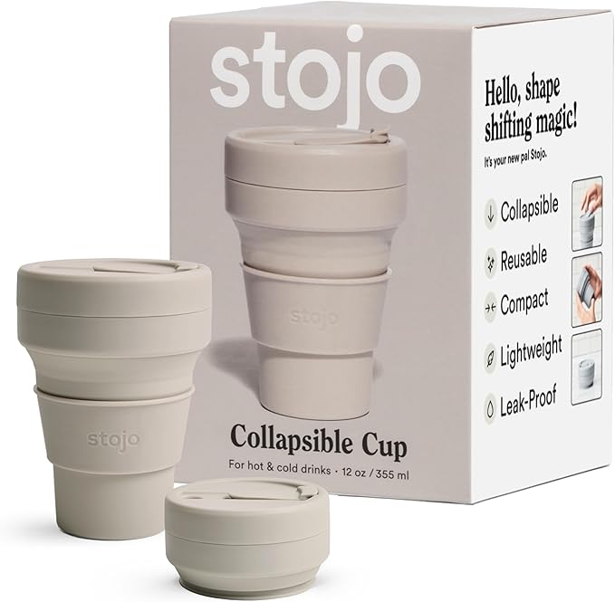 STOJO Collapsible Travel Cup - Reusable To-Go Pocket Size Silicone Bottle for Hot and Cold Drinks - Perfect for Camping - Microwave & Dishwasher Safe (Oat, 12 Ounce (Pack of 1) - No Straw)