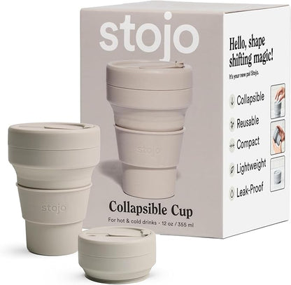 STOJO Collapsible Travel Cup - Reusable To-Go Pocket Size Silicone Bottle for Hot and Cold Drinks - Perfect for Camping - Microwave & Dishwasher Safe (Oat, 12 Ounce (Pack of 1) - No Straw)