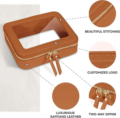 Prite Clear Makeup Bag Cosmetic Organizer Case Waterproof Travel Toiletry Bag Skincare Pouch with Golden Zipper(Brown)
