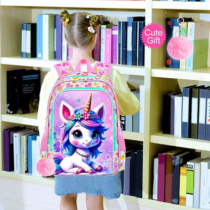 WZLVO 3PCS Kids Backpack for Girls, Unicorn Dinosaur Animal Prechool Elementary Kindergarten School Bookbag with Lunch Box