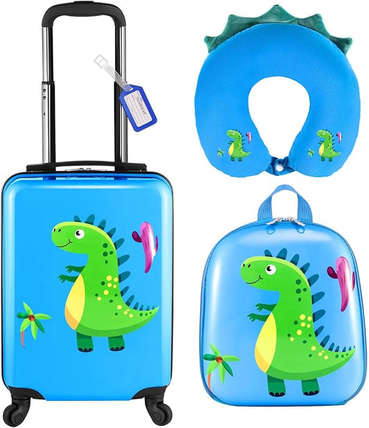 Sanwuta 4 Pcs Kids Luggage Set Backpack Travel Rolling Suitcase U-shape Pillow Christmas Children Gift for Girls Boys(17 Inch,Dinosaur Style,Blue)