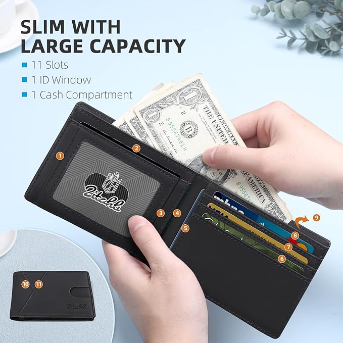 Zitahli Wallet for Men Slim 11 Credit Card Holder RFID Blocking Small Men's Wallet Bifold Minimalist Front Pocket With Mens Gifts Box