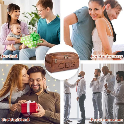 Personalized Leather Toiletry Bag for Men, Custom Engraved Travel Dopp Kit Bag, Customized Name Initials Gift for Groomsmen, Best Man, Father's Day, Wedding, Birthday, Husband, Grandpa