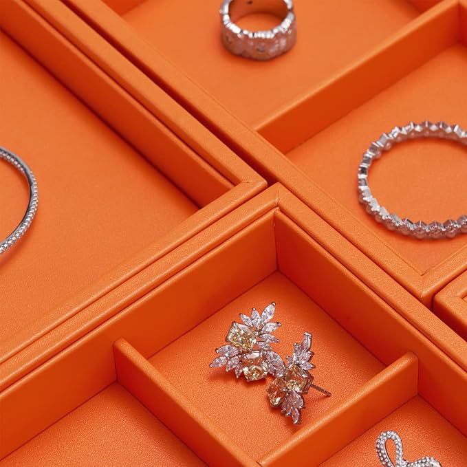 Oirlv Luxury Leather Ring Tray 24 Grid Jewelry Drawer Organizer Stackable Jewelry Trays Ring Earring Storage