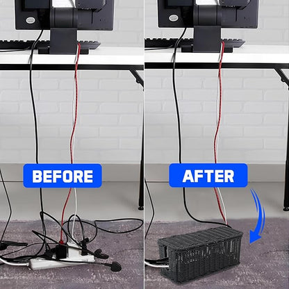 Cable Management Box, Handmade Rattan Cable Organizer, 2 Open Slots Cords Hider Box, Under Desk Cord Organizer for Computer Router USB Hub & Power Strip, Patent Pending, 13" x 5.1" x 5.1", Black
