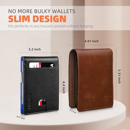 RUNBOX Slim Wallets for Men - Leather Money Clip Mens Wallet - RFID Blocking Front Pocket Bifold Wallet - Thin Credit Card Holder with Gift Box