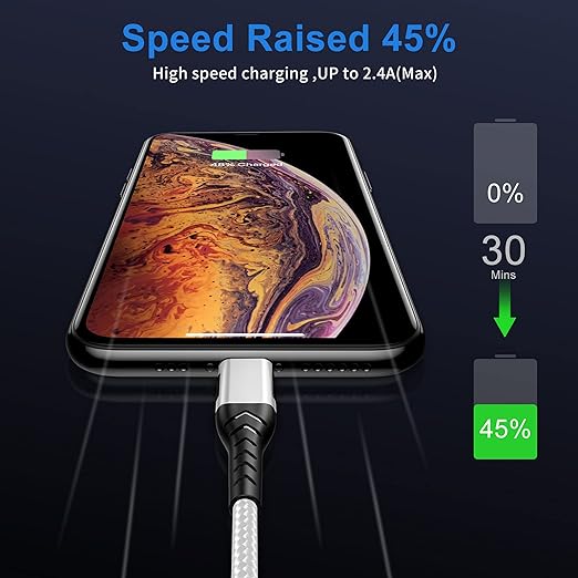 Durcord Compatible with iPhone Charger,3Pack 10FT USB A Cable for Phone Charger Cable, Fast Phone Charging Cord Compatible with Phone Xs Max/XS/XR/X/8/7/6S/6/Plus/SE/Pad(Bright Silver)