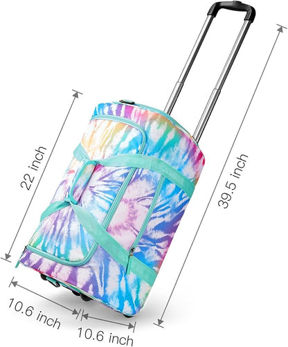 Choco Mocha Girls Tie Dye Suitcase with Wheels Kids Rainbow Rolling Duffle Bag for Camping Teen Girls Toddler Luggage Bag for Travel, 22inch