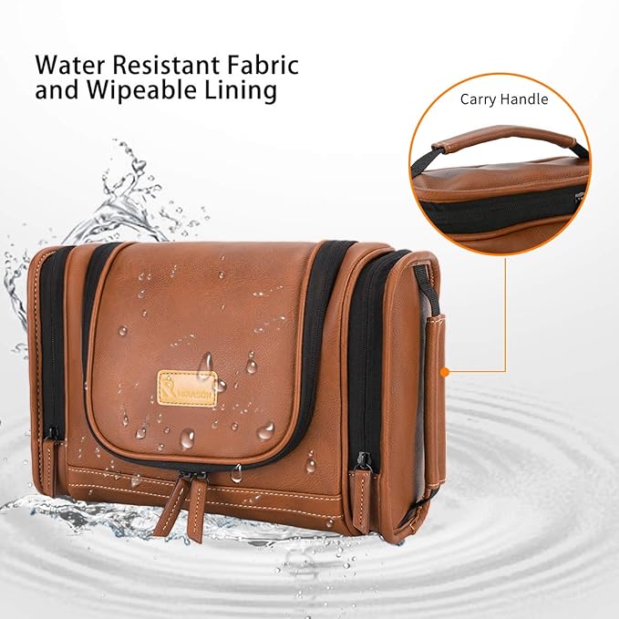 MIRASON Travel Toiletry Bag, Hanging Toiletry Bag for Men, Leather Travel Shower Bag for Toiletries Dopp Kit Bathroom Bag with Metal Hook, Gift for Men (Brown)