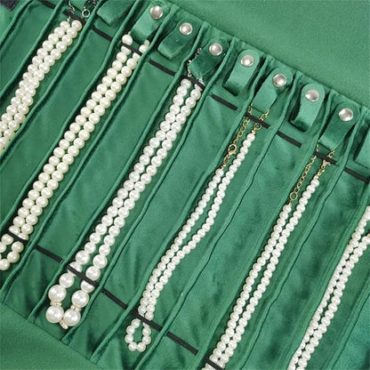 Portable Jewelry Roll Untangled Secure Necklace Travel Storage Bag Displays Holder 16 Chain (gray PU and green)