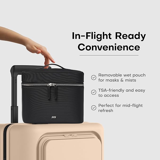 Vanity Cosmetic Case - Stylish Travel Makeup Bag for Women with Removable Wet Pouch, Upright Bottle Design, Clear Top Pocket, Leather Handle, Travel Essentials, Toiletry Organizer - Black