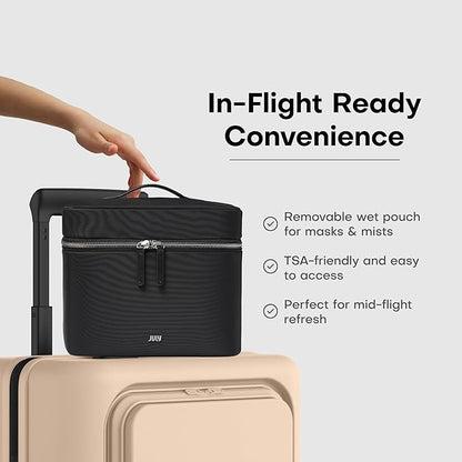 Vanity Cosmetic Case - Stylish Travel Makeup Bag for Women with Removable Wet Pouch, Upright Bottle Design, Clear Top Pocket, Leather Handle, Travel Essentials, Toiletry Organizer - Black