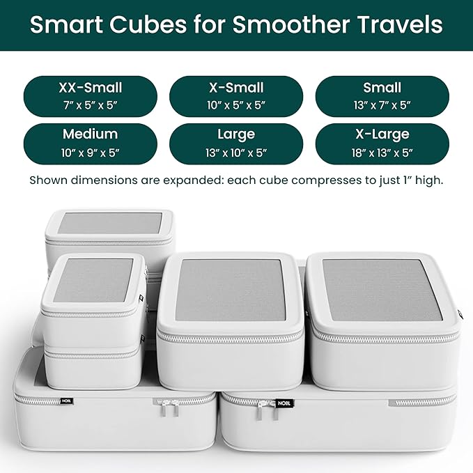 NOBL Travel Compressible Packing Cubes Set, 6 Pieces Travel Packing Organizers, Compression Luggage Cubes for Suitcases & Carry On, Space Saving (XXS, XS, S, M, L, XL) - Ivory