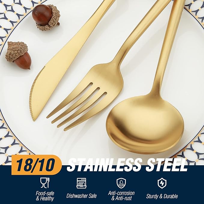 20 Pcs Gold Silverware Set, Stainless Steel Flatware Set Service for 4, Matte Gold Cutlery Set, Include Knives/Forks/Spoons, Dishwasher Safe