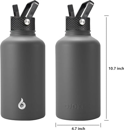 BJPKPK Half Gallon Insulated Water Bottles with Straw Lid, 64oz Large Water Jug, Stainless Steel Bottles with 3 Lids and Paracord Handle, Thermo for Hot & Cold Liquid, Gray