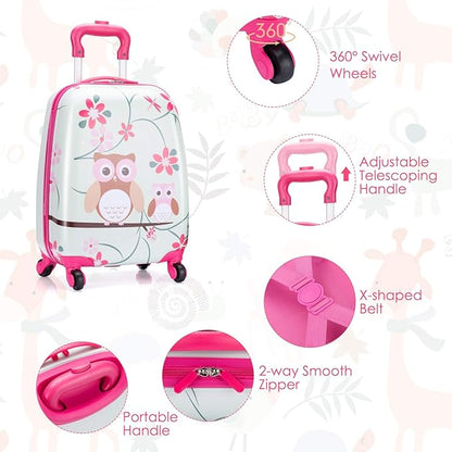 KOTEK Kids Carry On Luggage Set, 16" Hardside Rolling Suitcase with Spinner Wheels, Travel Rolling Luggage for Boys Girls (Owl)