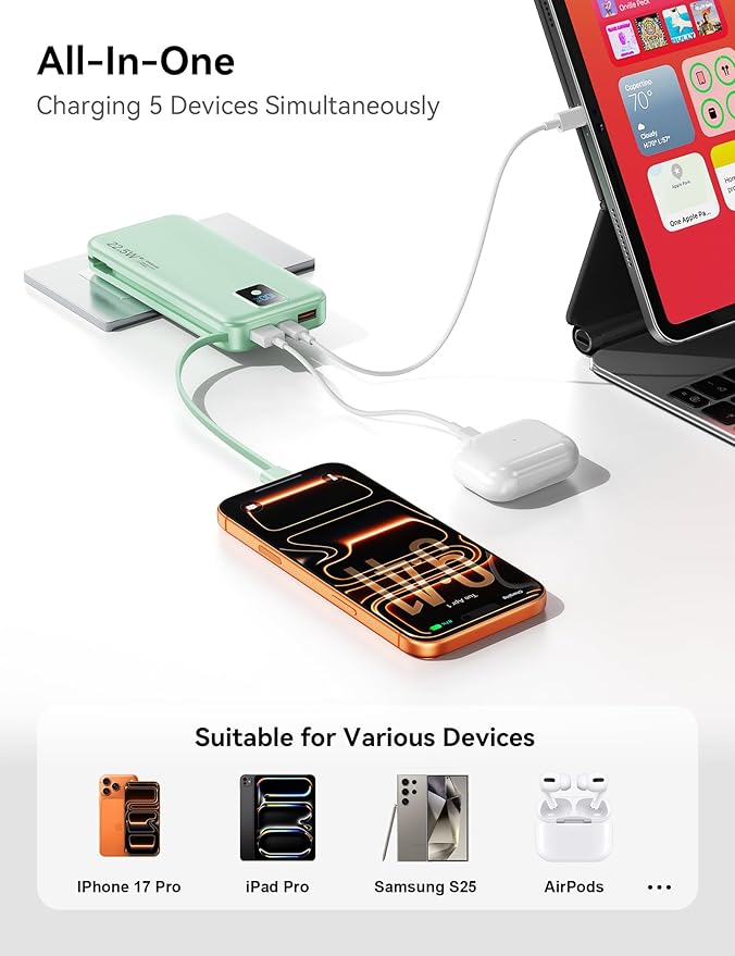 Portable Charger, 12000mAh 22.5W Fast Charging Power Bank with Built-in Cables & Wall Plug, Travel Essentials Battery Pack with LED Display, USB C External Battery Bank for iPhone iPad, Samsung Green