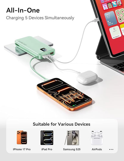 Portable Charger, 12000mAh 22.5W Fast Charging Power Bank with Built-in Cables & Wall Plug, Travel Essentials Battery Pack with LED Display, USB C External Battery Bank for iPhone iPad, Samsung Green