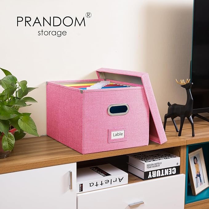 PRANDOM File Organizer Box - Set of 1 Collapsible Decorative Linen Filing Storage Hanging File Folders with Lids Office Cabinet Letter/Legal Pink (17x14x11.2 inch)