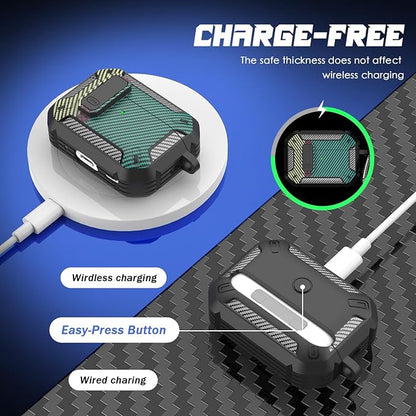 RFUNGUANGO for AirPods Pro 2nd Gen Case with Cleaning Kit, Military Hard Case Protective Armor with Lock, for AirPod Gen 2 Charging Case (2023/2022/2019, 2nd Gen/1st Gen), Carbon Fiber Green