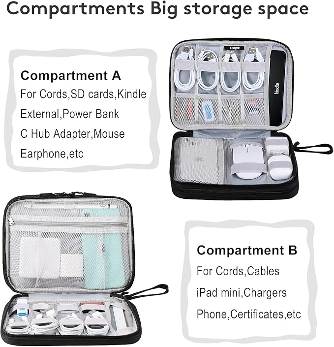 DDgro Travel Electronics Organizer Pouch Bag for Tech Gadgets & Airplane Accessories, for Cables/Cords & Chargers/iPad Mini (Large, Black)