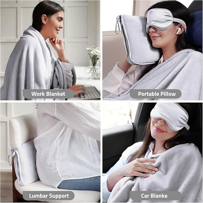Travel Blanket, Ultra-Soft, Warm & Lightweight Travel Blanket Airplane with Bag, 65x40 in, Airplane Travel Essentials for Women, Men & Kids, Included Eye Mask, Luggage Sleeve & Backpack Clip