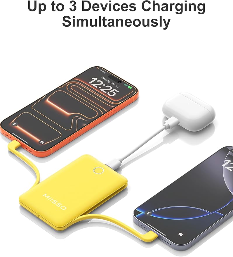 miisso 10000mAh Compatible with iPhone 15/16/17 and Android, Slim Portable Charger with Built in Cable, Power Bank Travel Charger External Battery Pack for Phone, 3 Output USB Type C Cord, Yellow