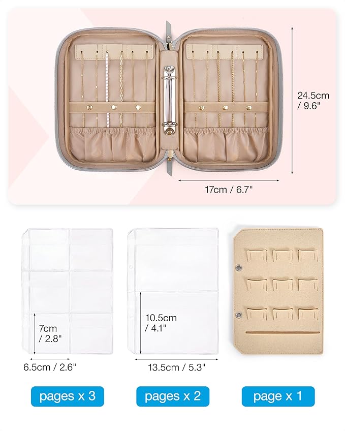 BAGSMART Jewelry Travel Organizer Case for Home Jewelry Organizer Storage Ring Binder Clear Bags Zipper Rolls Pouch for Necklaces, Earrings, Rings, Bracelets, Grey