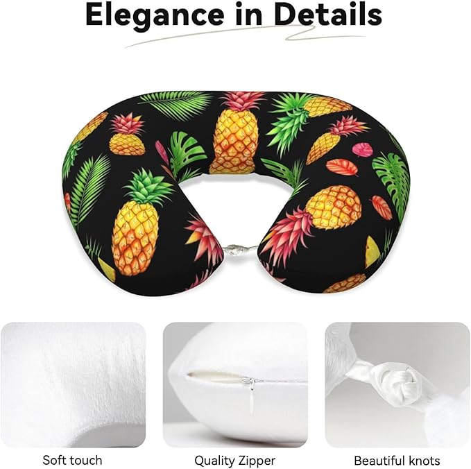 Comfortable Memory Foam Travel Neck Pillow, Funny Chin/Head Cushion Supporting Airplane Car Pillows Watercolor Pineapple Tropical Palm Leaves for Sleeping Outdoors Travel Office