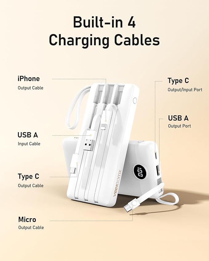 VEEKTOMX Portable Charger Built-in Cables, 10000mAh Power Bank for iPhone, Fast Charge USB C Battery Pack Travel Essentials Powerbank Compatible with iPhone 17/16/15/14, Samsung S25/24, Android, etc